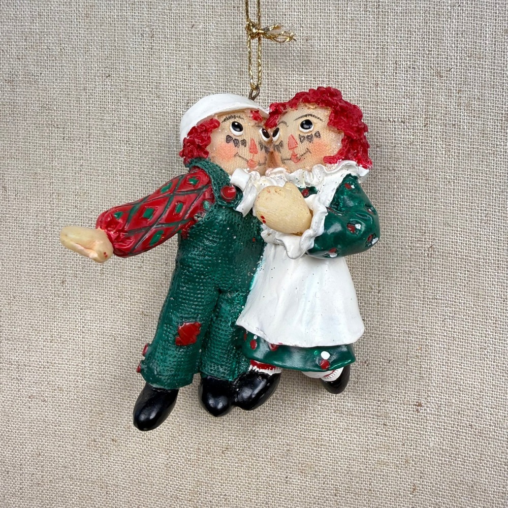 Vintage 1998 Raggedy Ann and Andy Dancing Christmas Ornament Green Red